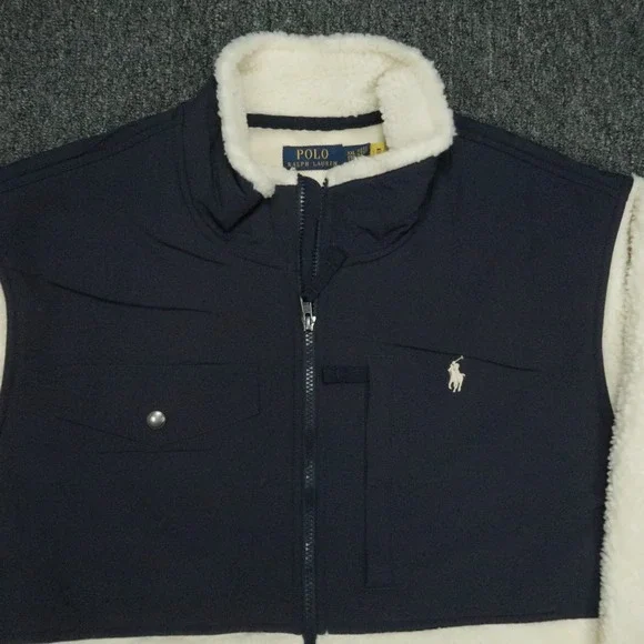 Polo Ralph Lauren Jacket Mens XXL Cream Blue Hybrid Fleece High Pile Full Zip